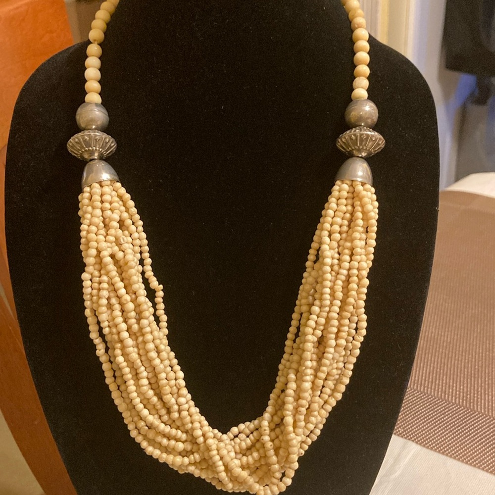 Vintage multi-strand boho tribal statement necklace with large silver tone beads